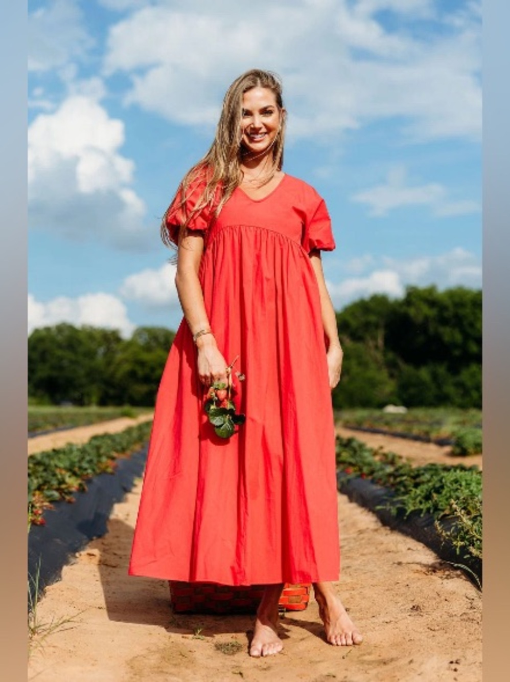 Worth Collective Bump Friendly Louve Maxi Dress Red Babydoll Dress V-Neck Cotton